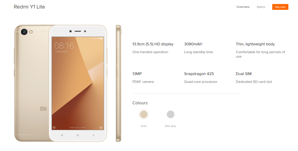 Xiaomi Redmi Y1 Lite Specifications