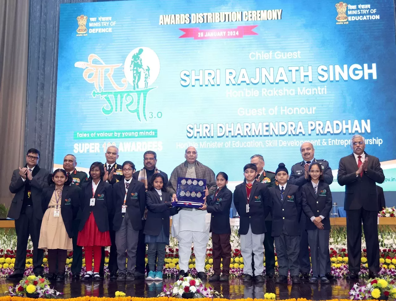 The Union Minister for Defence, Shri Rajnath Singh felicitated medals and a certificate to Super-100 winners of Project Veer Gatha 3.0 during the Awards Distribution Ceremony, in New Delhi on January 25, 2024.
